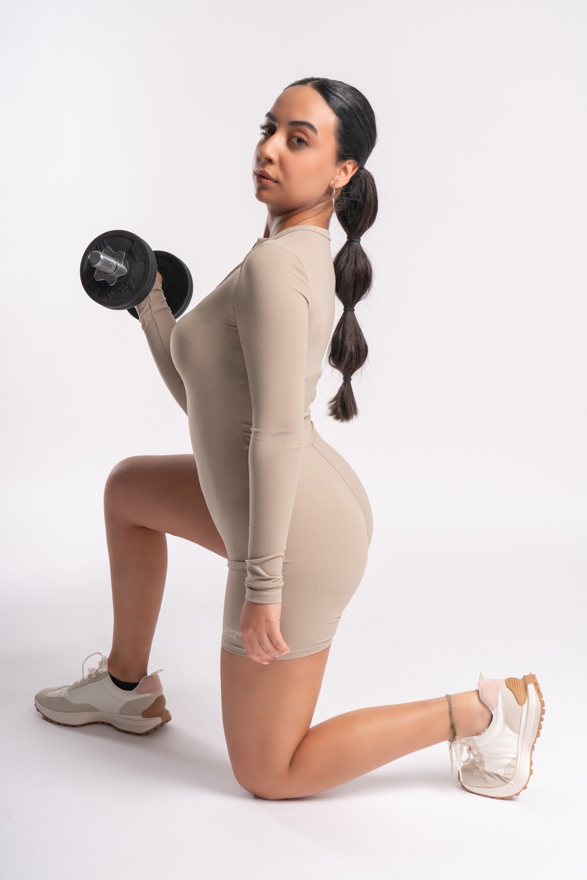 Zip-Front Long Sleeve Unitard in Beige