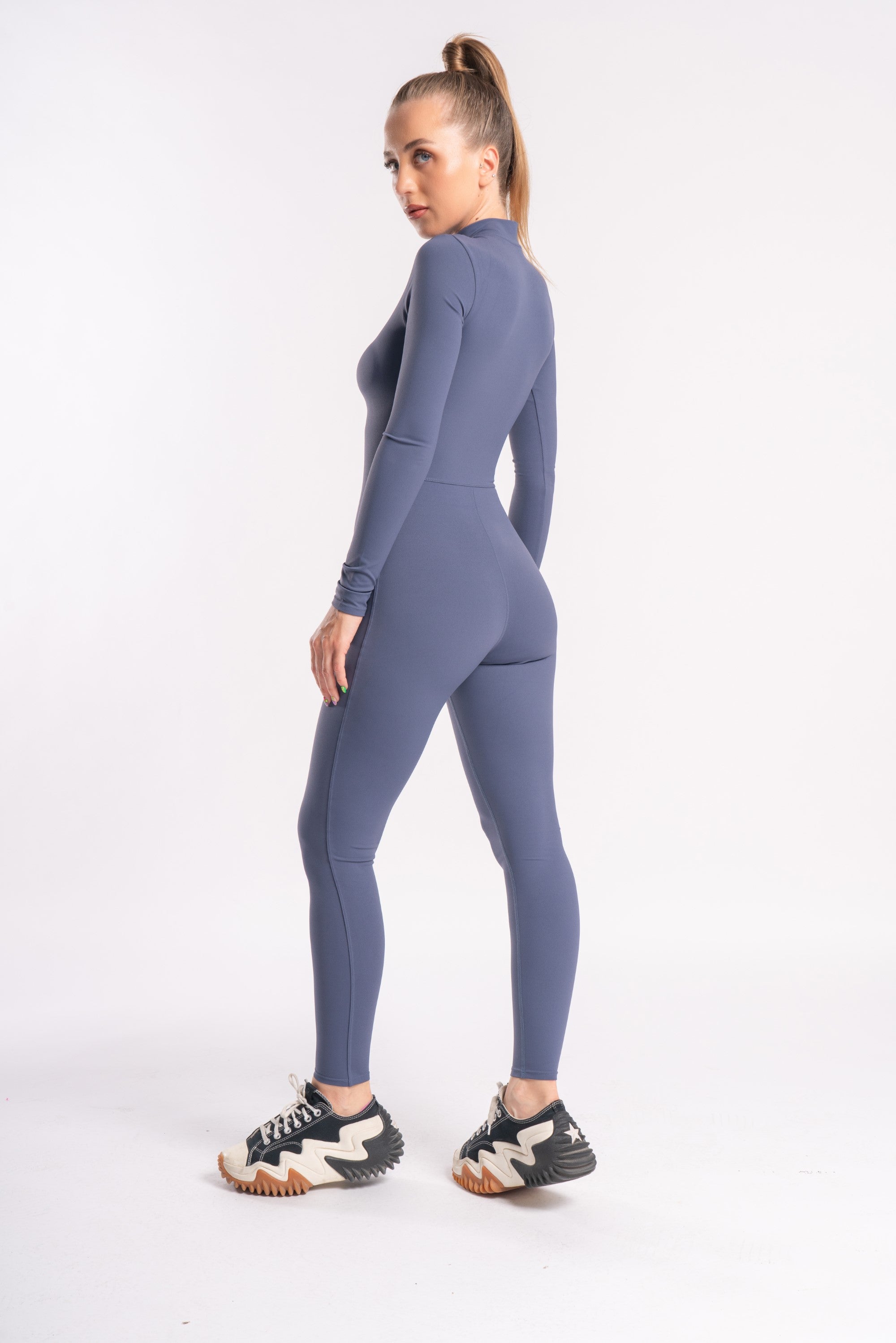 Zip-Front Long Sleeved Shaped Jumpsuit in Slate Grey