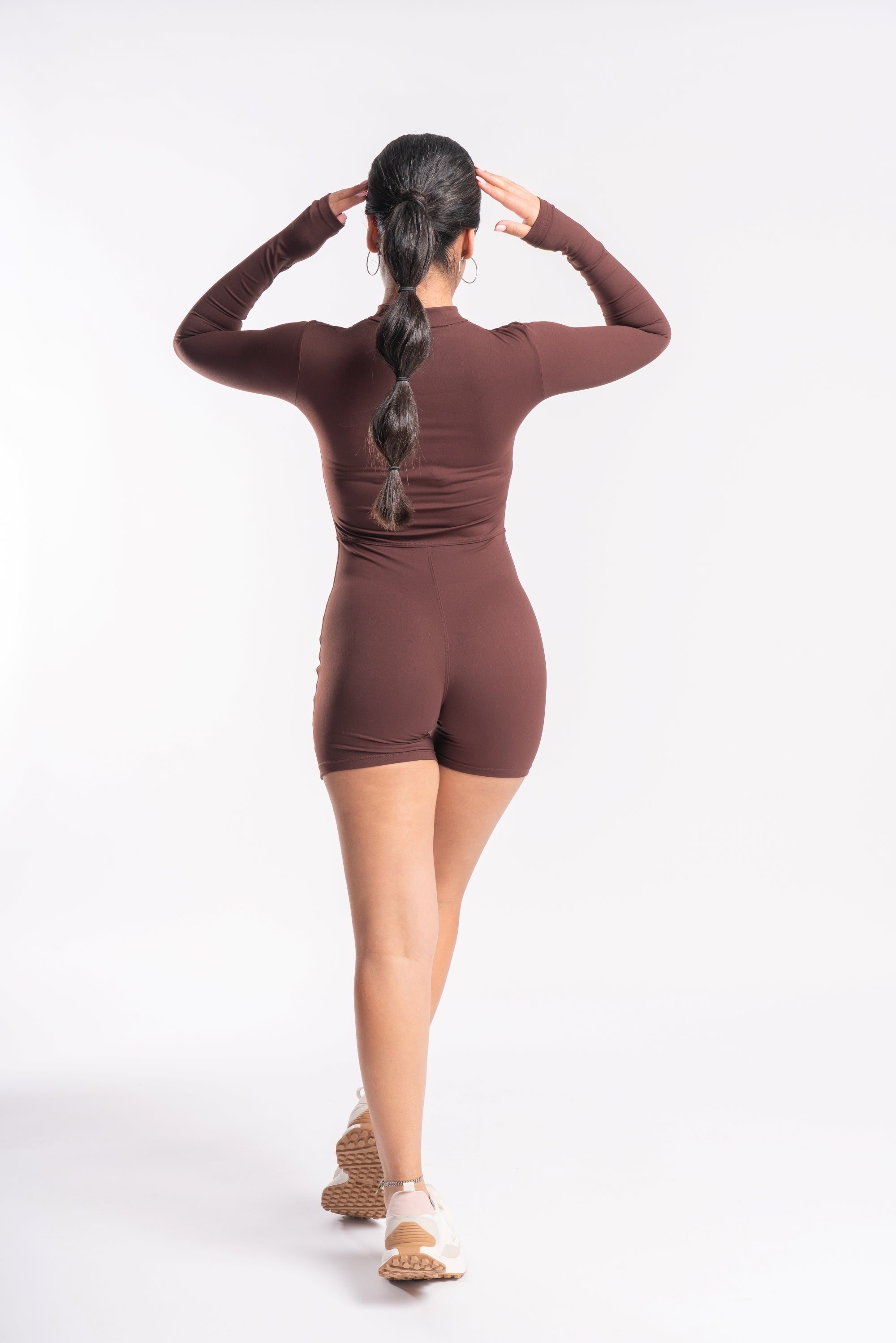 Zip-Front Long Sleeve Unitard in Brown