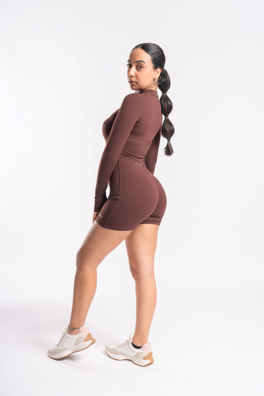 Zip-Front Long Sleeve Unitard in Brown
