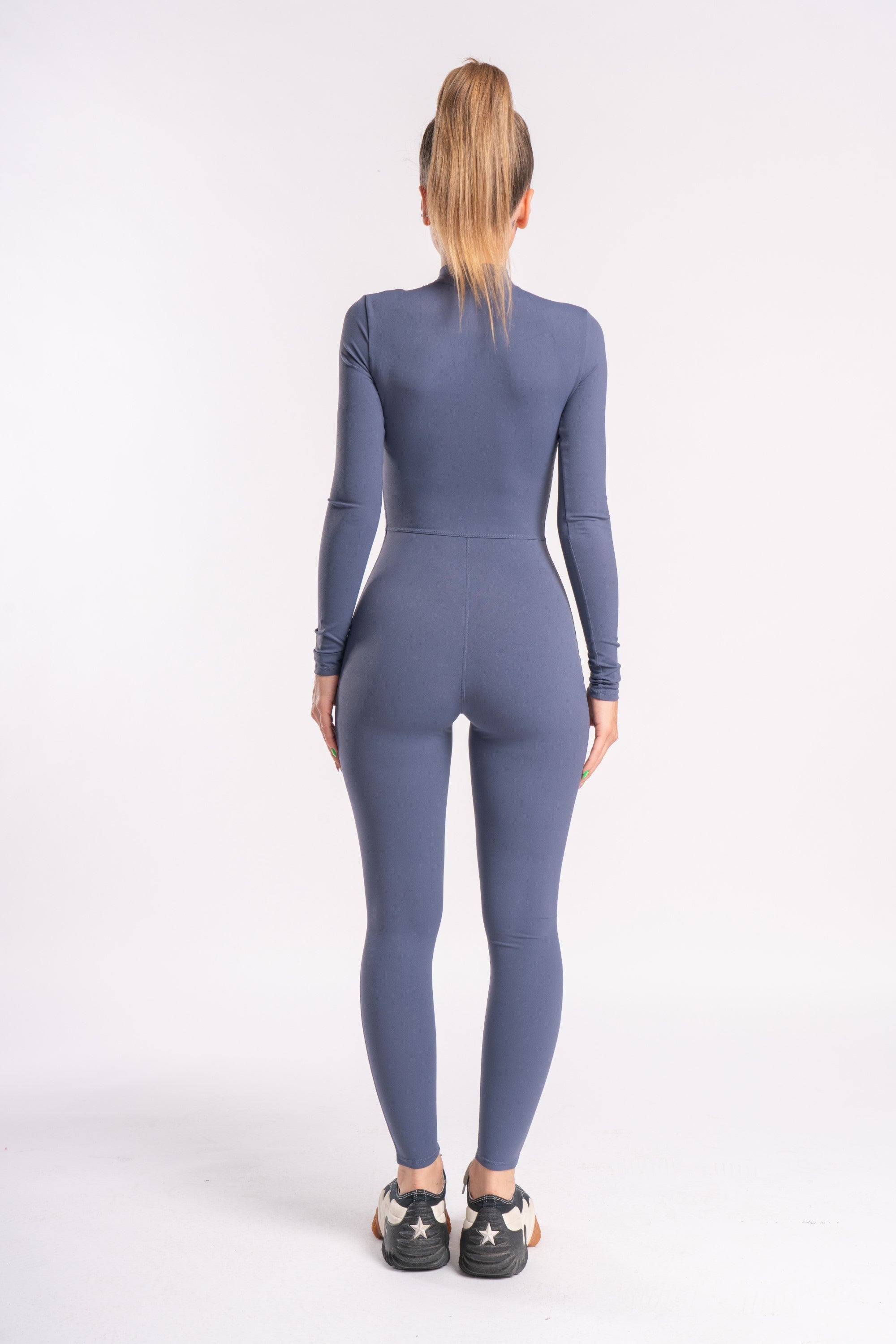 Zip-Front Long Sleeved Shaped Jumpsuit in Slate Grey