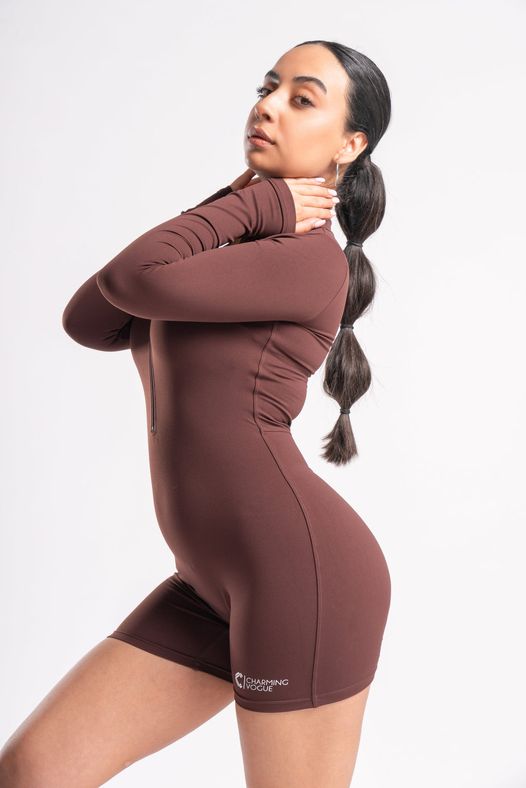 Zip-Front Long Sleeve Unitard in Brown