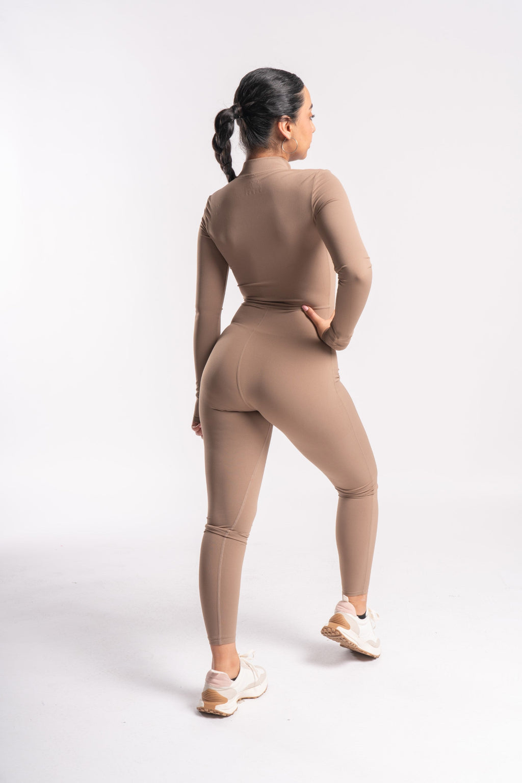 Zip-Front Long Sleeved Shaped Jumpsuit in Mocha