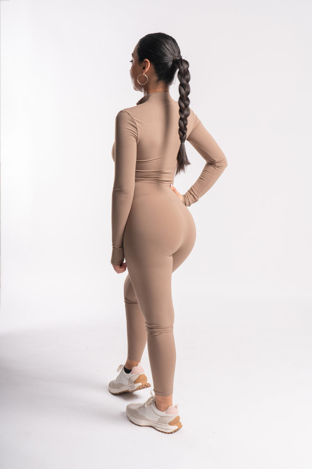 Zip-Front Long Sleeved Shaped Jumpsuit in Mocha