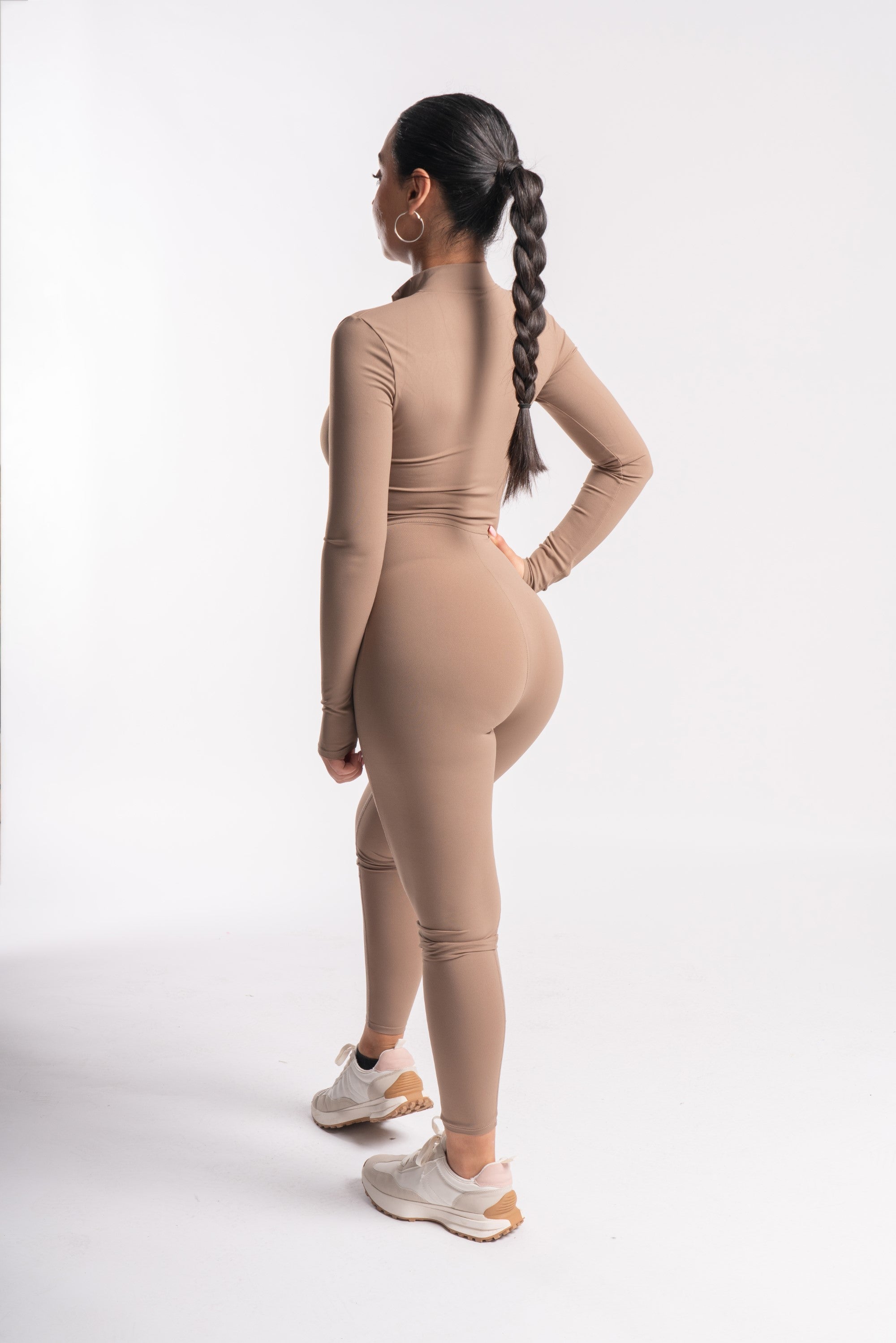 Zip-Front Long Sleeved Shaped Jumpsuit in Mocha