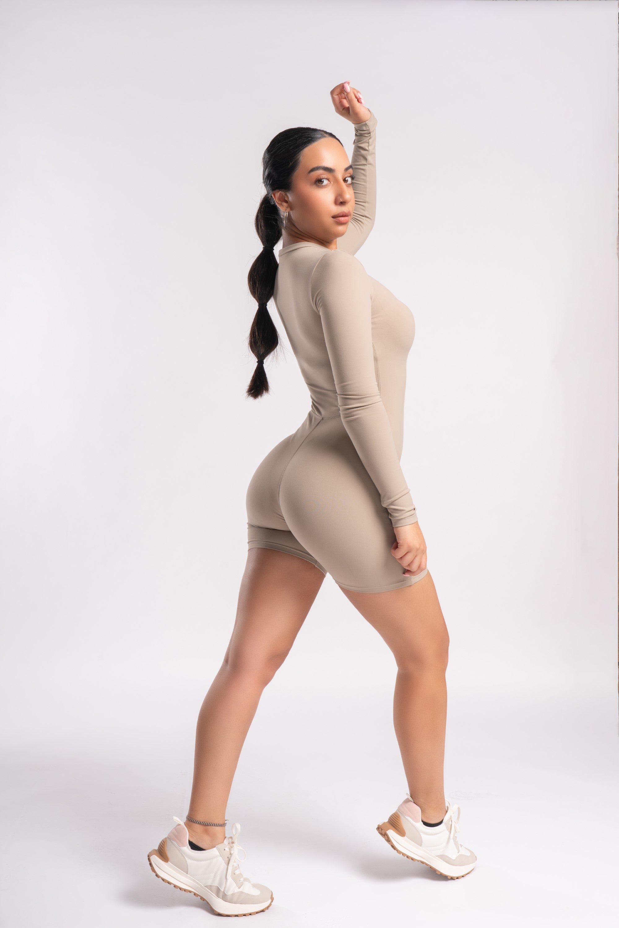 Zip-Front Long Sleeve Unitard in Beige